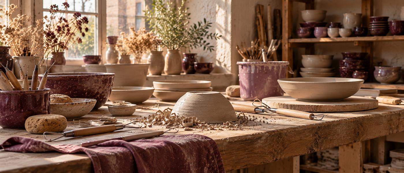 Établi de l’atelier avec des outils de tournassage, des éponges et des pièces en cours