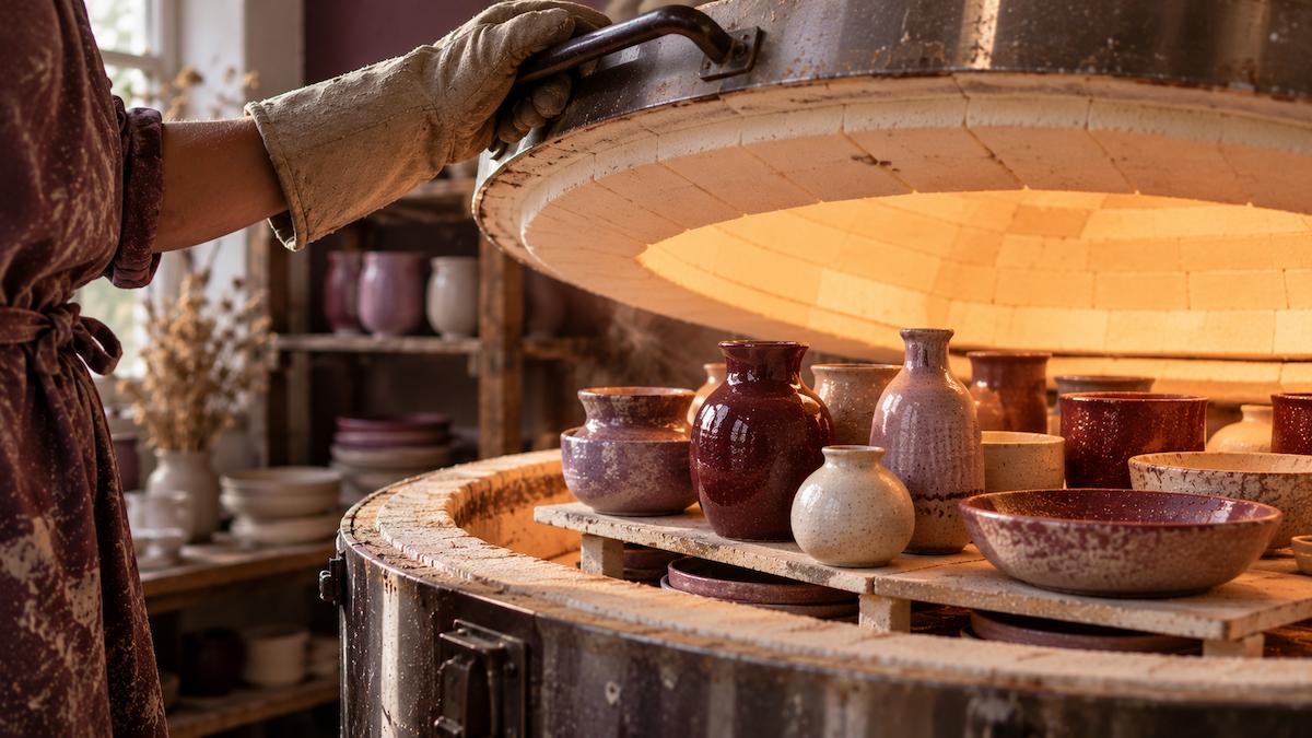 Pièces émaillées après ouverture du four : vases et assiettes révélés après cuisson