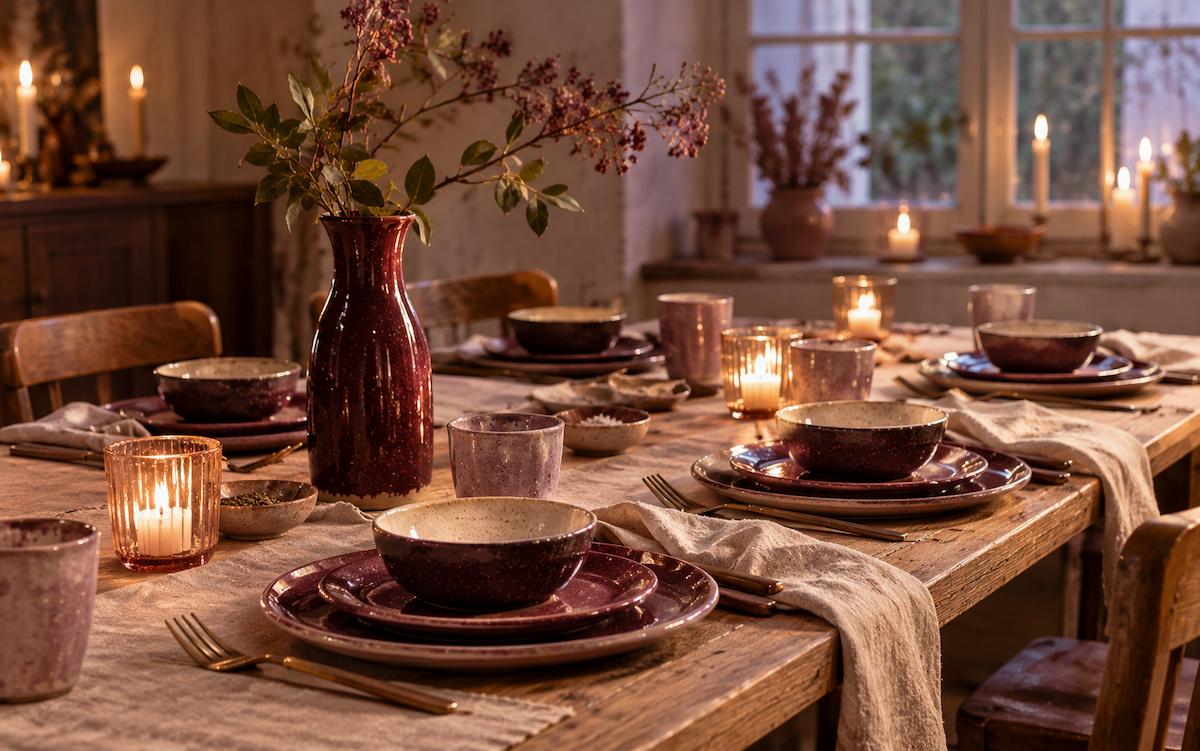 Table dressée avec un service en grès bordeaux, lilas et citron vert